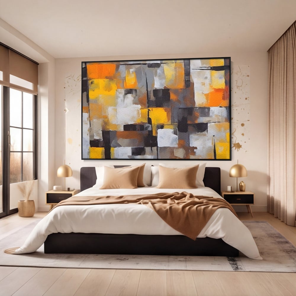 Tablou canvas cu tablou canvas cu patrate abstracte, in rama de aluminiu negru, pe perete intr-un dormitor